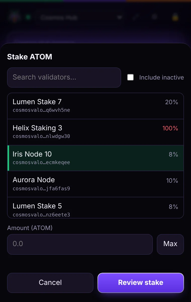 Cockroach Wallet: staking screen
